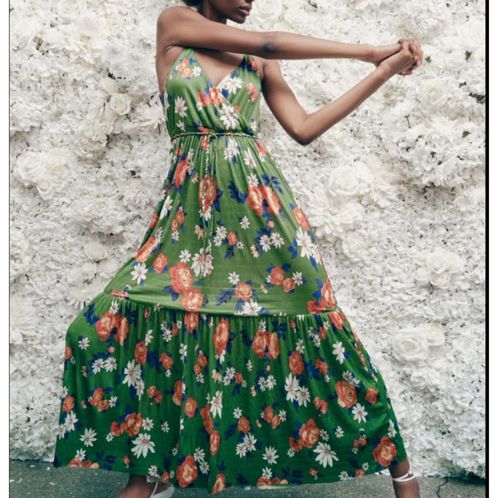 Zara Green Floral Midi Dress with Orange and White Blooms